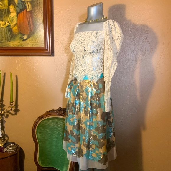 Anthropologie Eva Franco Fliral Sequin Tulle A-Line Skirt.Sz 6
